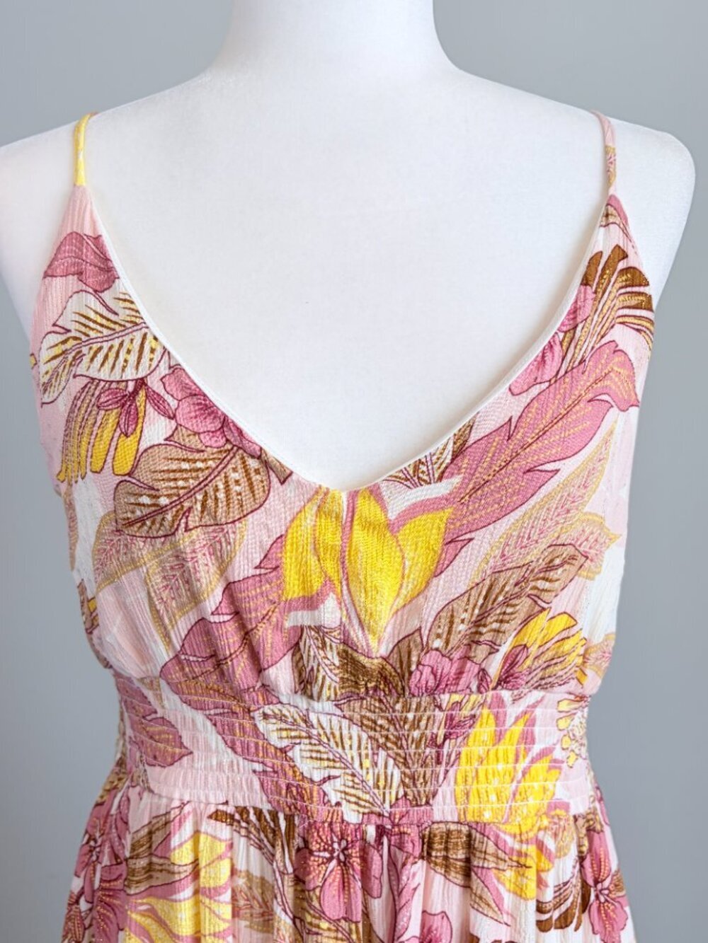Tiered Maxi Dress Summer Flowy Costal Chic Gold Stitching Pink Yellow Size XXL - Picture 2 of 13